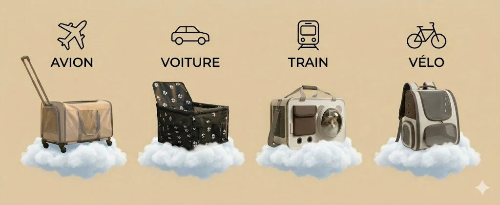 sac pour chat par moyen de transport comme avion, voiture, vélo, train.