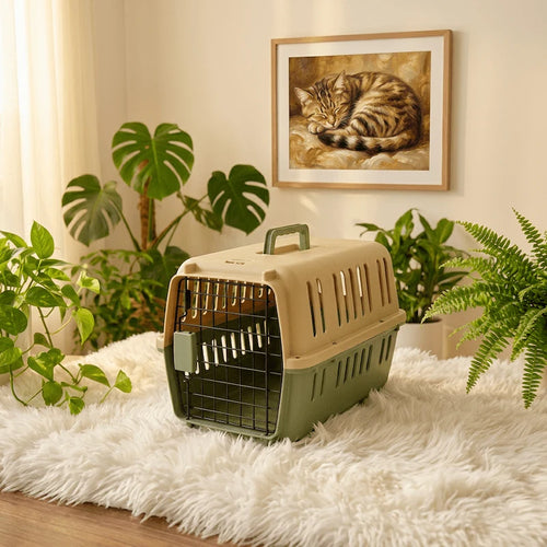 Caisse de transport rigide pour chat verte et jaune respirante