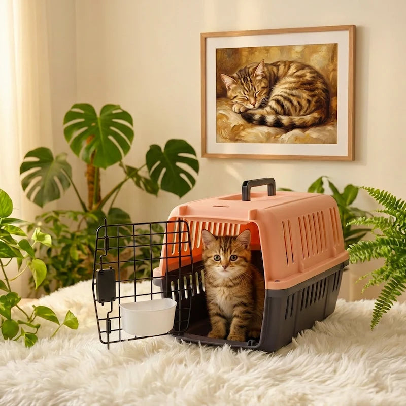 Caisse de transport pour chat rose avec litière intégrée