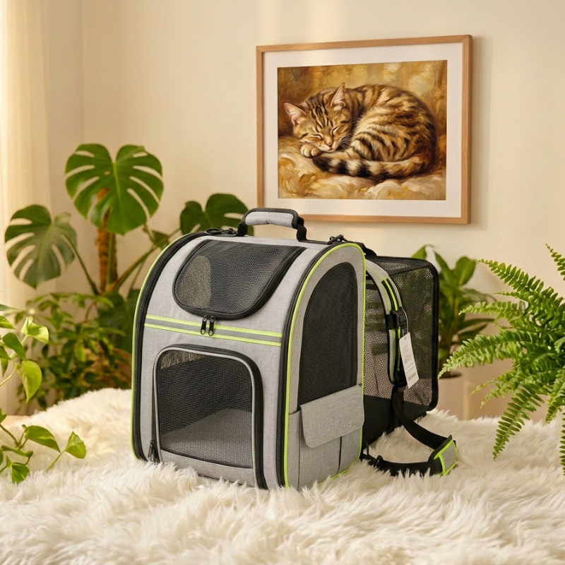 Sac à dos extensible pour chat gris avec bandes jaunes fluorescentes