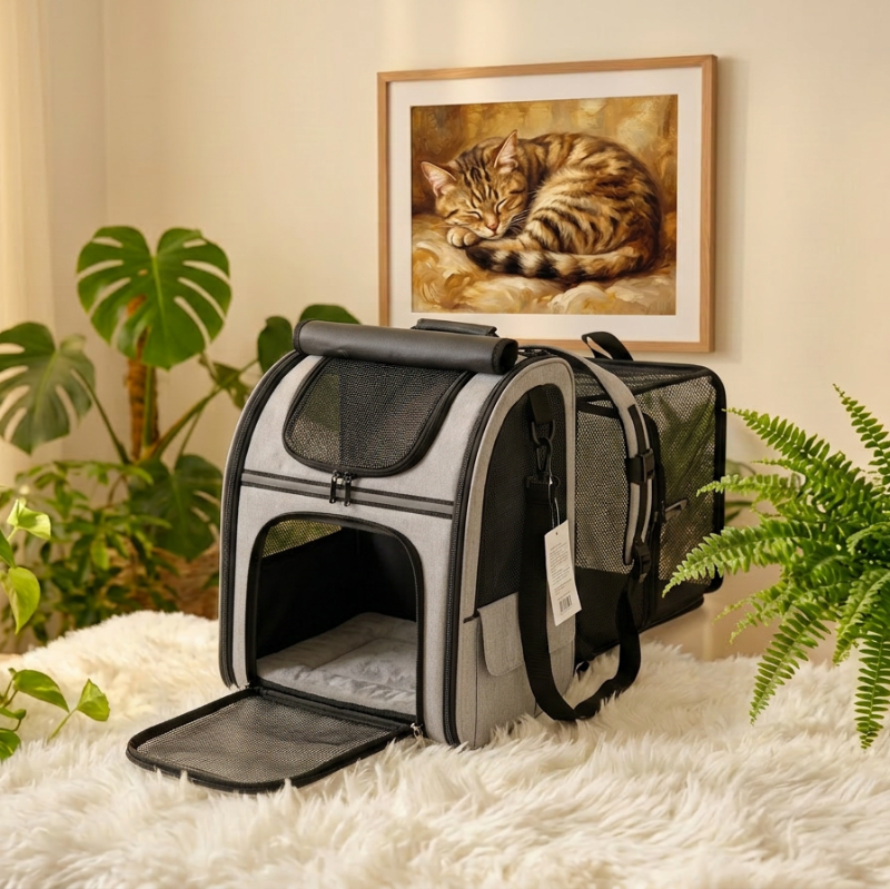 Sac à dos extensible pour chat gris et noir Oxford avec poignée
