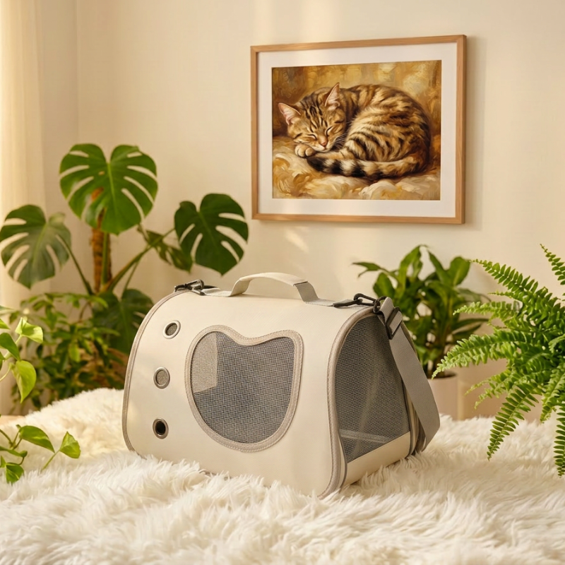 Sac à bandoulière pour chat blanc Oxford Pawstrip avec fenêtre grillagée