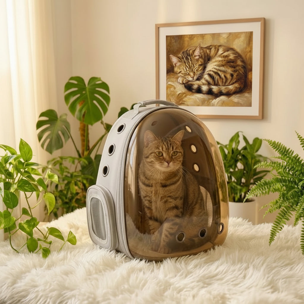 Sac à dos bulle gris marron transparent pour chat