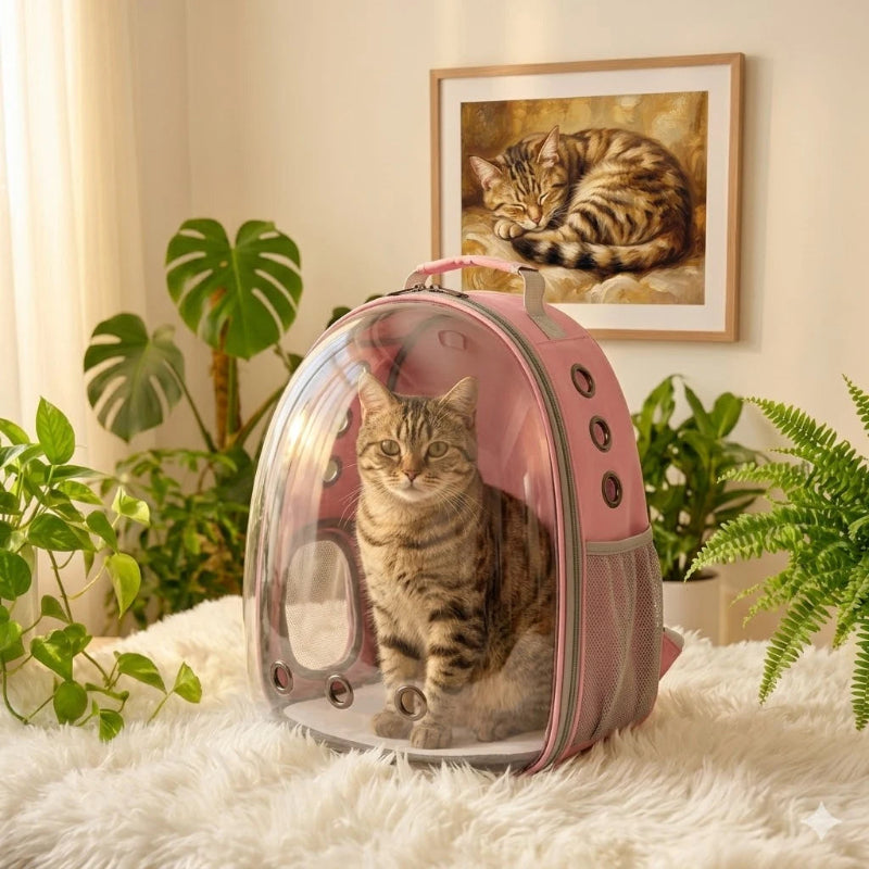Sac à dos bulle rose et blanc transparent pour chat