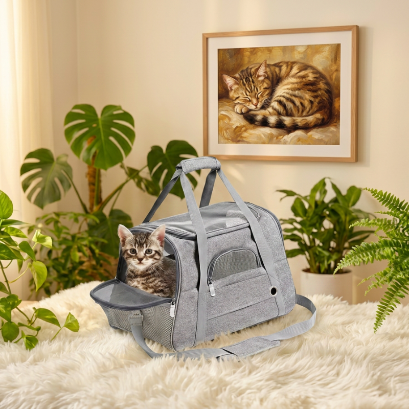 Sac de transport souple pour chat gris en Oxford respirant