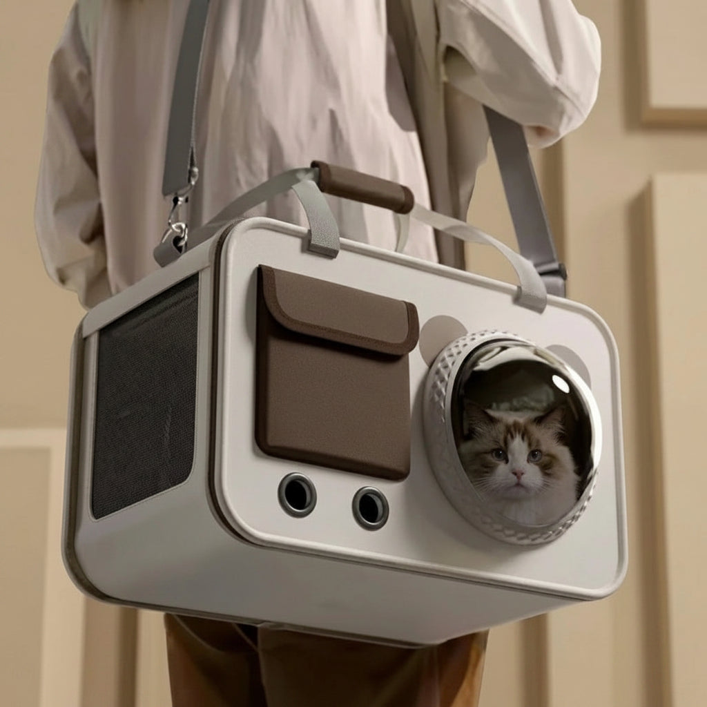 Homme portant un sac à dos capsule rigide pour chat marron en bandoulière