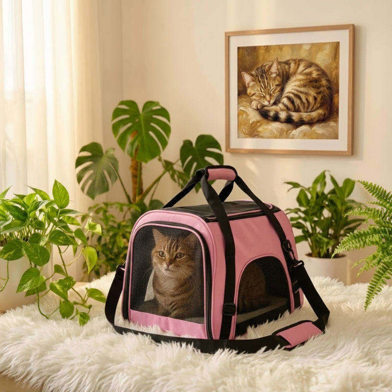 Sac de transport pour chat rose avec motif décoratif