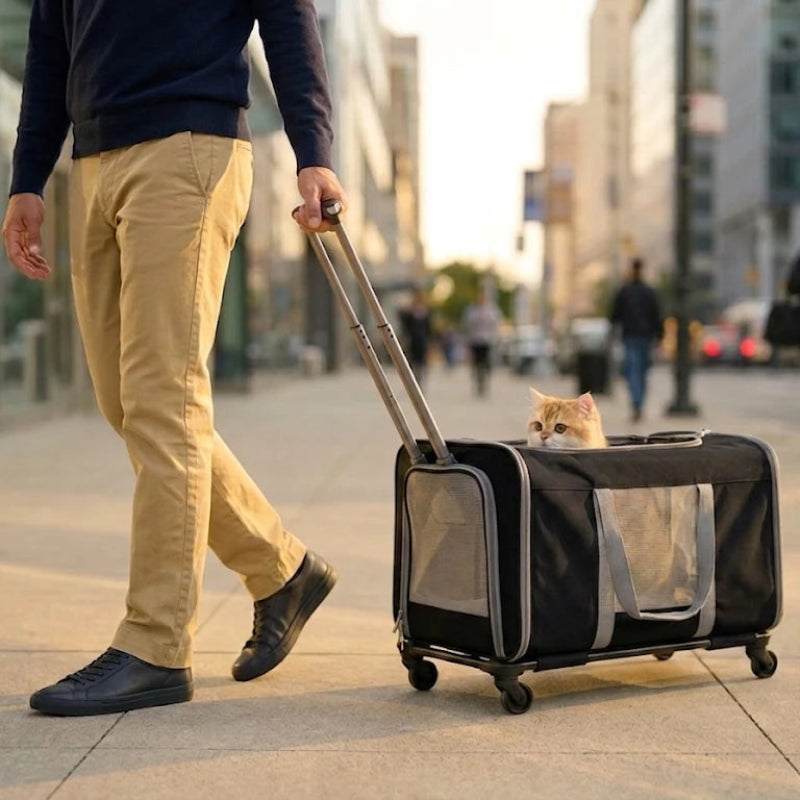 Sac de transport à roulettes pour chat valise noire 4 roues