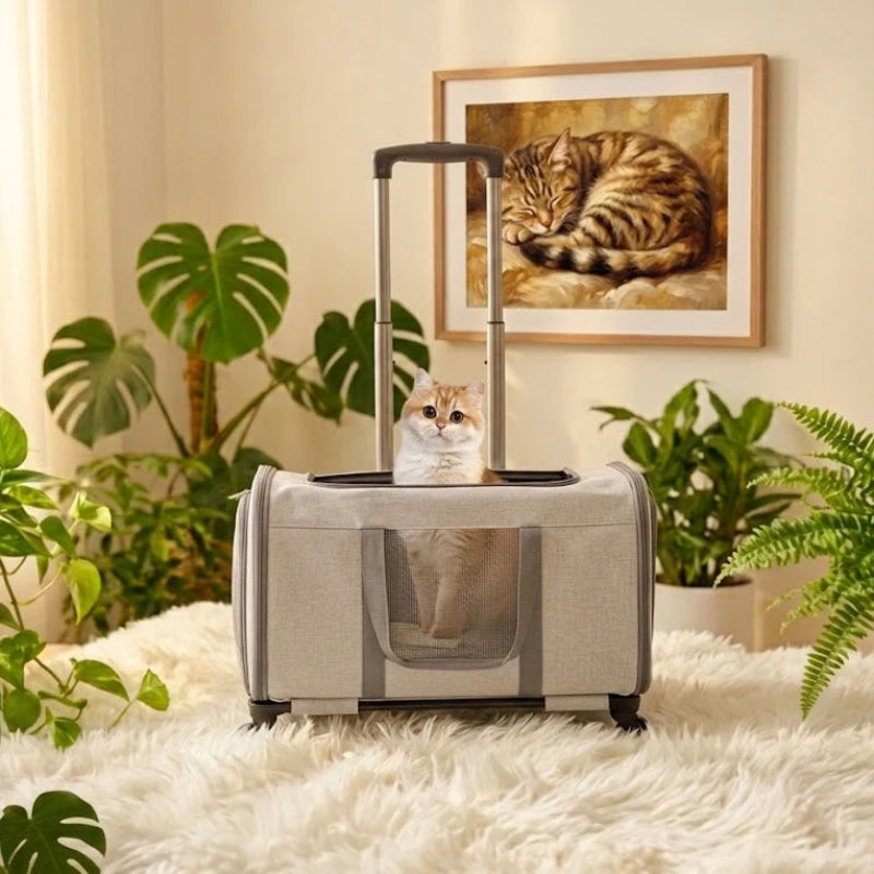 Sac de transport à roulettes pour chat valise grise 4 roues