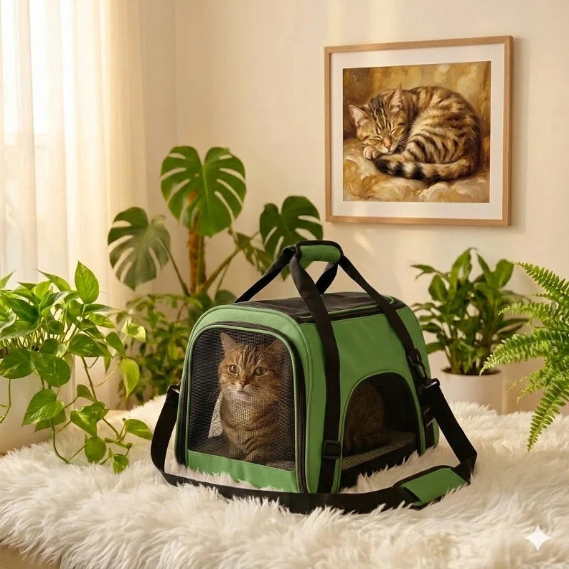 Sac de transport pour chat vert avec motif et grille de ventilation