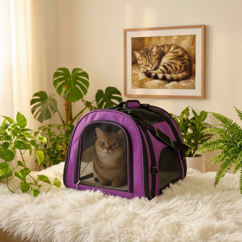 Sac de transport pour chat violet avec grille de ventilation