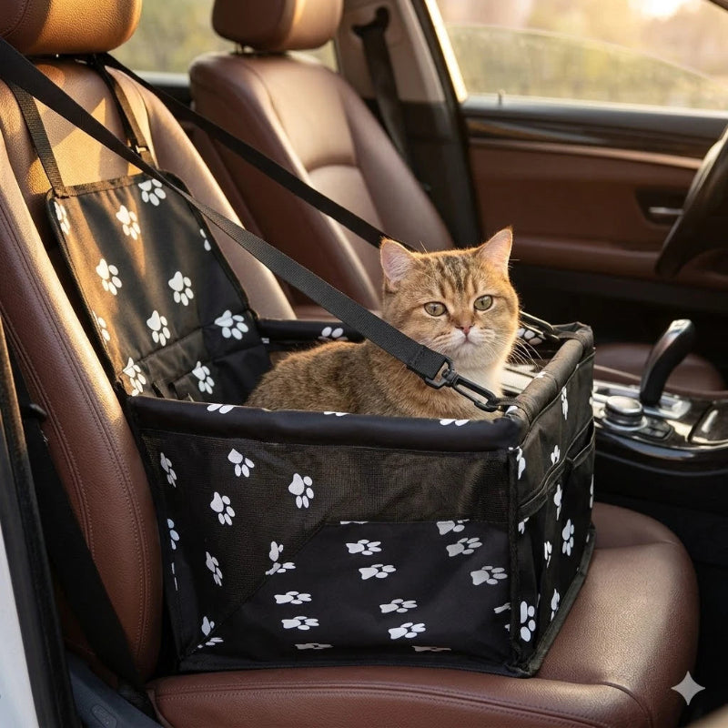 Sac de transport pour chat noir installé sur siège auto avec fixation ceinture de sécurité