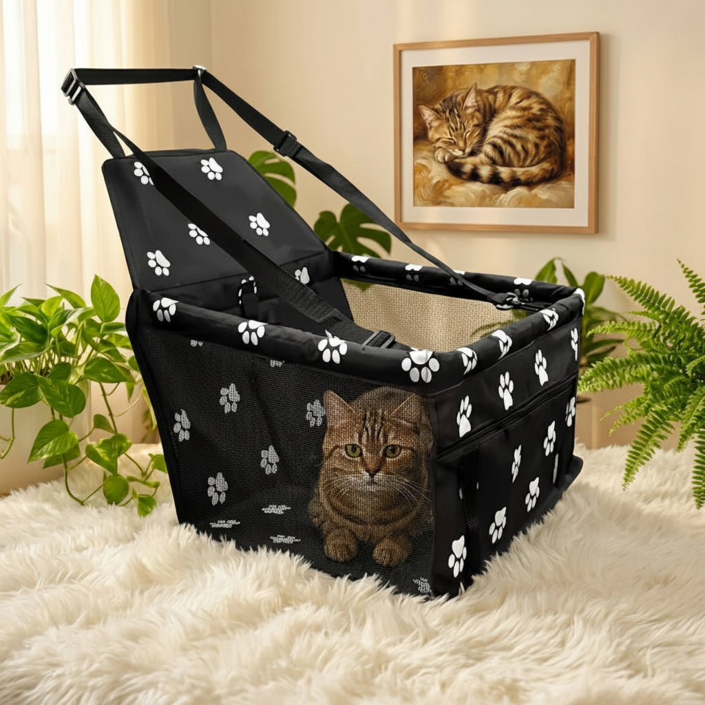 Sac de transport pour chat noir installé sur siège auto avec fixation ceinture de sécurité