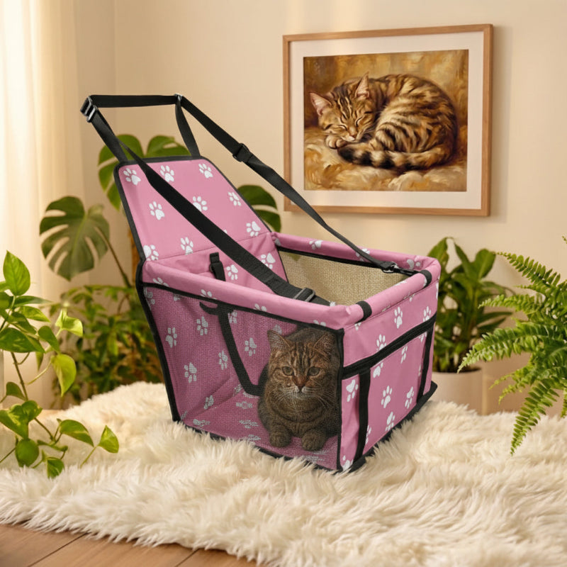 Sac de transport pour chat rose installé sur siège auto avec fixation ceinture de sécurité