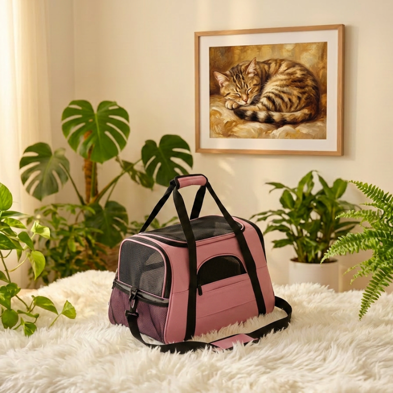 Homme portant un sac de transport souple pour chat rose Oxford