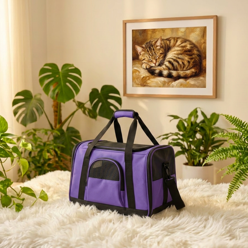 Homme portant un sac de transport souple pour chat violet Oxford