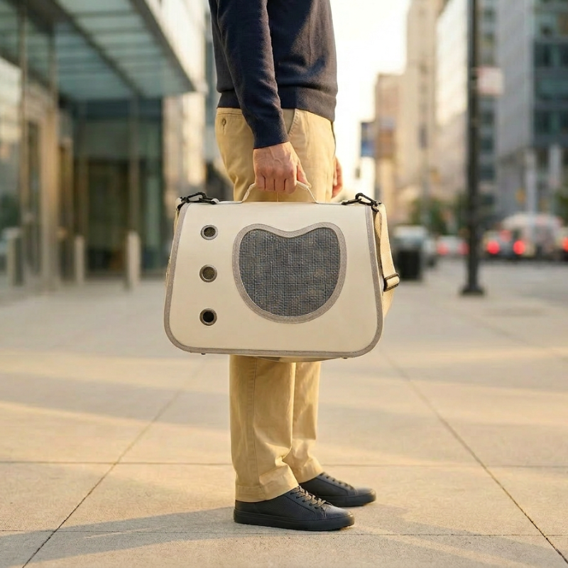 Homme tenant un sac à bandoulière pour chat blanc dans la rue